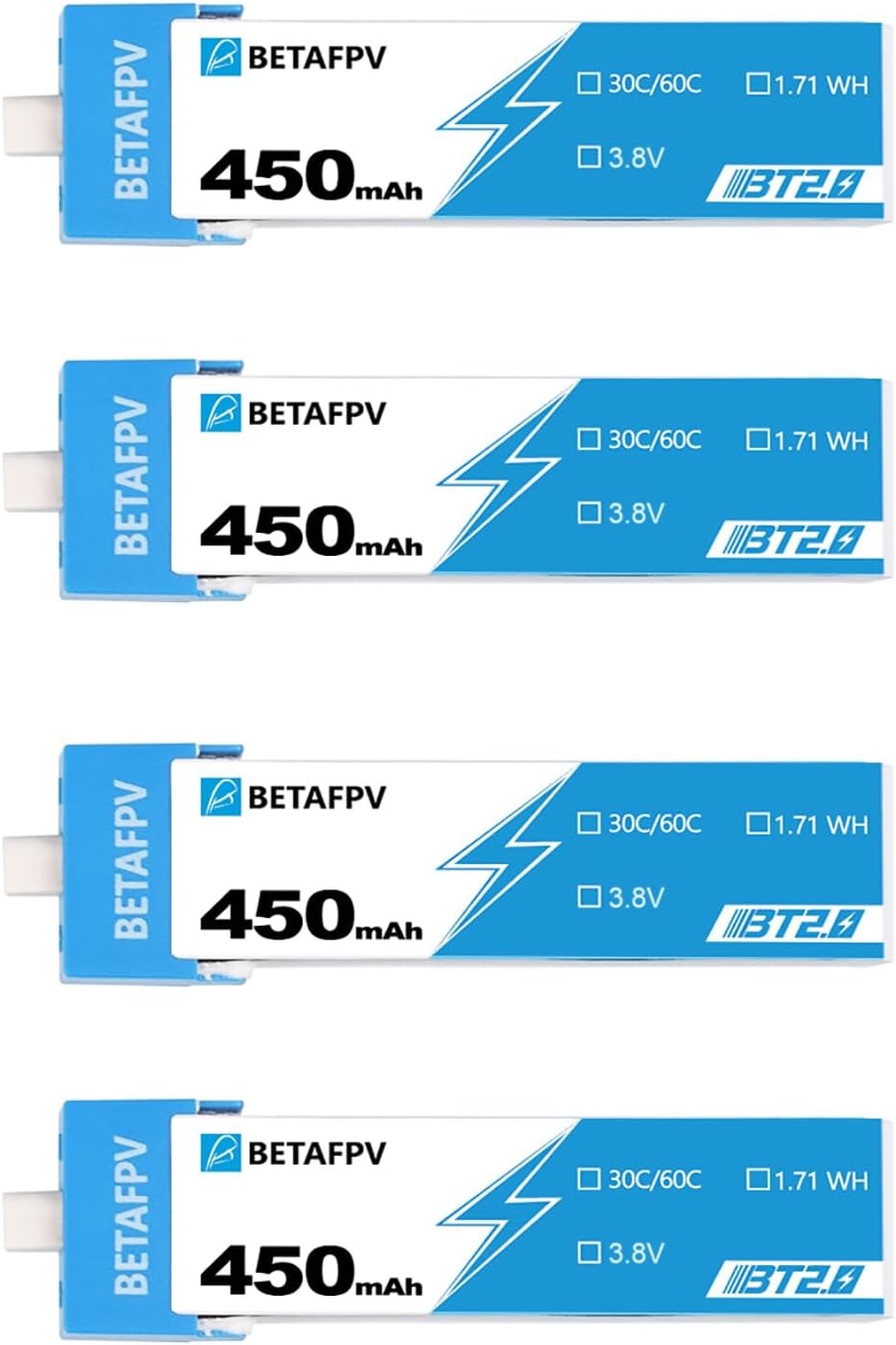 BETAFPV 4 unidades BT2.0 450mAh 1S Batería 3.8V 30C Lipo con conector BT2.0