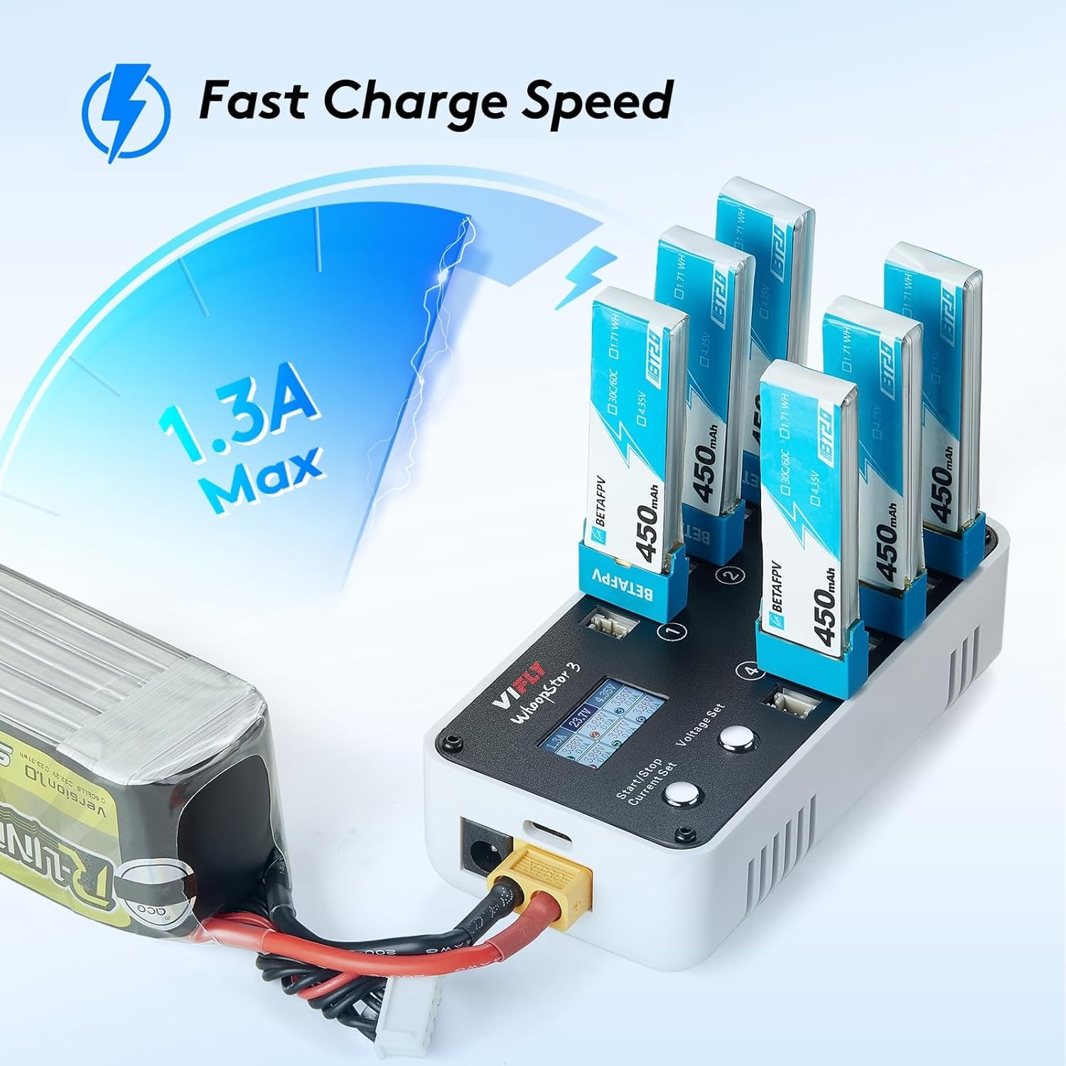 VIFLY WhoopStor V3 6 Ports 1S LiPo Battery Storage Charger and Discharger with LCD Display Tiny Whoop - Imagen 3